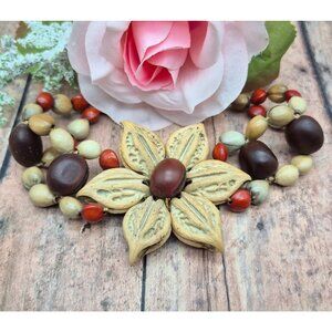 Vintage Jewelry Bracelet Seed Pod Floral Wooden Handmade One Size Slide Closure